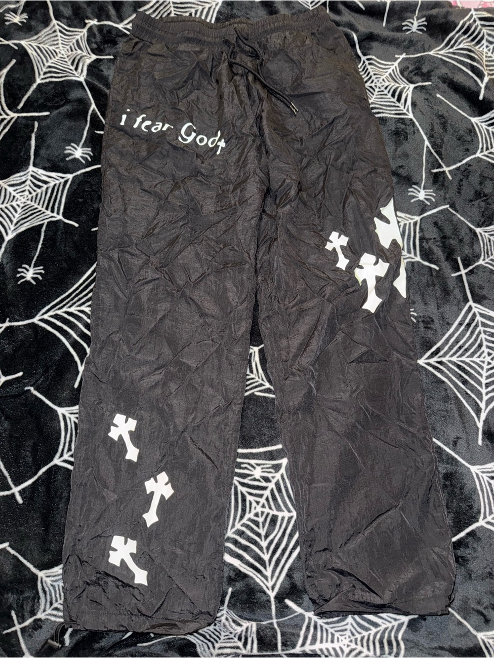 Black manfinity sweatpants with white cross graphics i fear god size L